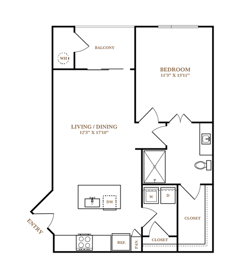 Floor plan for 1 bed, 1 bath, 783 sqft